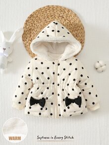 Cozy Pixies Baby Girl Contrast Color Bow Polka Dot Pattern Thermal Lined Thick Hooded Long Sleeve Open Front Padded Winter Coat, Versatile And Comfortable - Army Green - View 6