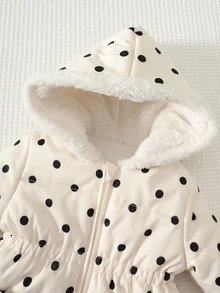 Cozy Pixies Baby Girl Contrast Color Bow Polka Dot Pattern Thermal Lined Thick Hooded Long Sleeve Open Front Padded Winter Coat, Versatile And Comfortable - Army Green - View 3