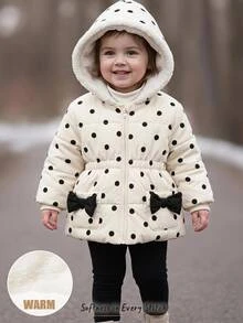 Cozy Pixies Baby Girl Contrast Color Bow Polka Dot Pattern Thermal Lined Thick Hooded Long Sleeve Open Front Padded Winter Coat, Versatile And Comfortable - Army Green - View 10