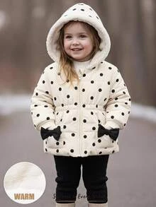 Cozy Pixies Baby Girl Contrast Color Bow Polka Dot Pattern Thermal Lined Thick Hooded Long Sleeve Open Front Padded Winter Coat, Versatile And Comfortable - Army Green - View 8