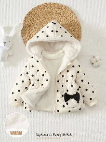 Cozy Pixies Baby Girl Contrast Color Bow Polka Dot Pattern Thermal Lined Thick Hooded Long Sleeve Open Front Padded Winter Coat, Versatile And Comfortable - Army Green - View 9