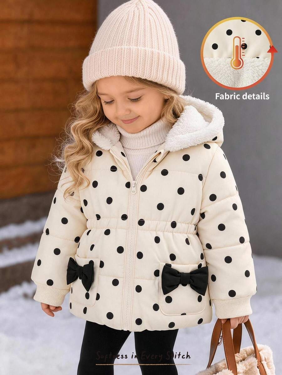 Cozy Pixies Baby Girl Contrast Color Bow Polka Dot Pattern Thermal Lined Thick Hooded Long Sleeve Open Front Padded Winter Coat, Versatile And Comfortable - Army Green - View 1