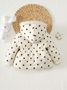 Cozy Pixies Baby Girl Contrast Color Bow Polka Dot Pattern Thermal Lined Thick Hooded Long Sleeve Open Front Padded Winter Coat, Versatile And Comfortable - Army Green - View 2