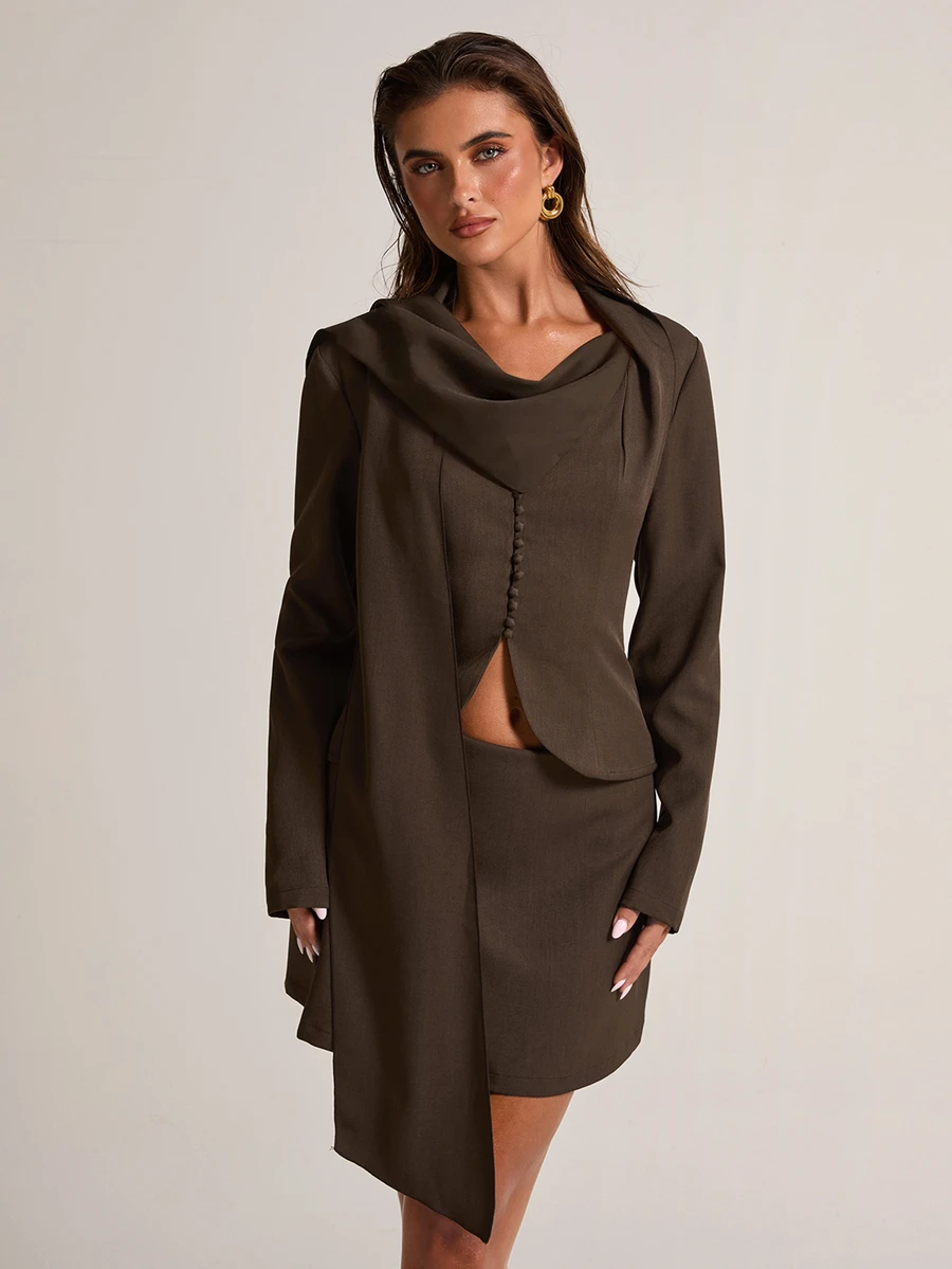 SHEIN BAE Women's Solid Color Scarf Design Long Sleeve Jacket And Skirt Casual Suit Set - Brown - View 1