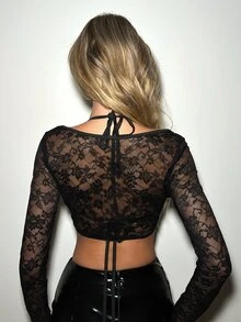SHEIN ICON 女士蕾丝对比交叉系带前短款上衣 2 件套 - 黑色 - 查看 2