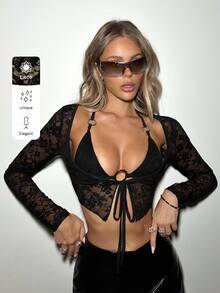 SHEIN ICON 女士蕾丝对比交叉系带前短款上衣 2 件套 - 黑色 - 查看 8