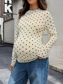Lyckli Maternity Autumn Casual Polka Dot Fitted T-Shirt - Apricot - View 5
