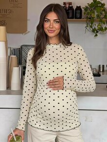 Lyckli Maternity Autumn Casual Polka Dot Fitted T-Shirt - Apricot - View 2
