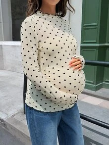 Lyckli Maternity Autumn Casual Polka Dot Fitted T-Shirt - Apricot - View 3