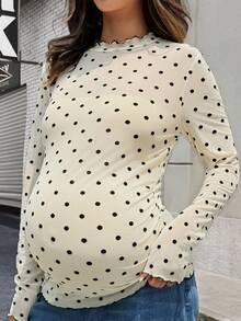 Lyckli Maternity Autumn Casual Polka Dot Fitted T-Shirt - Apricot - View 1