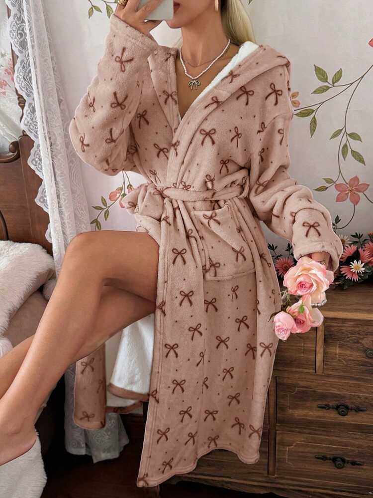 CottageSlumber Women's Autumn/Winter INS Style Cute Bow Print Plush Long Sleeve Loungewear Robe - Khaki - View 1