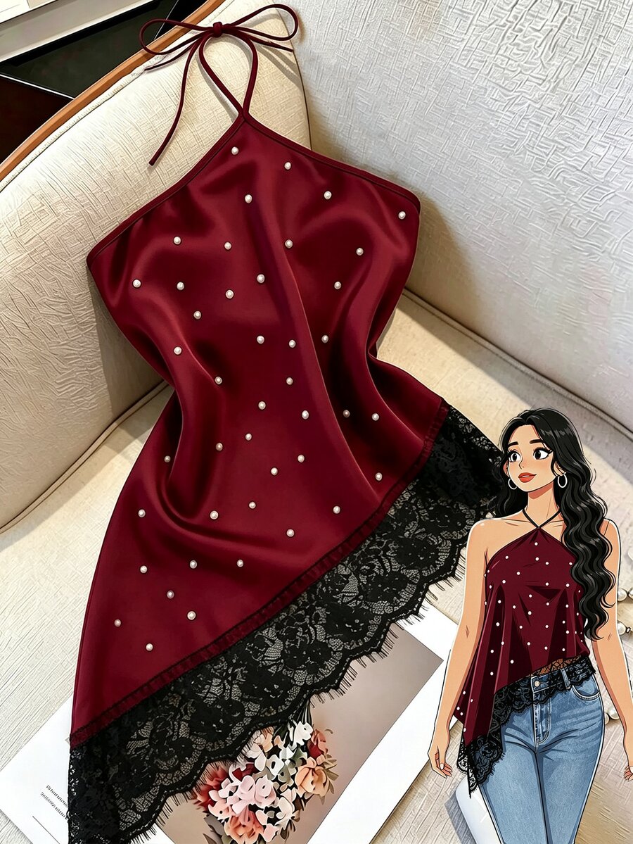 GlowEve CURVE Plus Size Summer Elegant Lace Patchwork Beaded Decor Backless Halter Neck Blouse - Burgundy - View 1