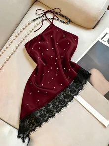GlowEve CURVE Plus Size Summer Elegant Lace Patchwork Beaded Decor Backless Halter Neck Blouse - Burgundy - View 4