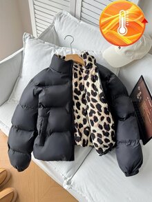 青少年女孩黑色立領短夾克，豹紋內裡，加厚（法式風格），百搭單品，適合休閒街頭穿搭與各種場合，開學季完美選擇，秋冬必備 - 黑色 - 查看 2