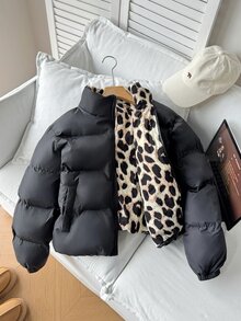 青少年女孩黑色立領短夾克，豹紋內裡，加厚（法式風格），百搭單品，適合休閒街頭穿搭與各種場合，開學季完美選擇，秋冬必備 - 黑色 - 查看 9