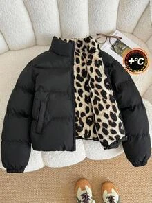 青少年女孩黑色立領短夾克，豹紋內裡，加厚（法式風格），百搭單品，適合休閒街頭穿搭與各種場合，開學季完美選擇，秋冬必備 - 黑色 - 查看 1