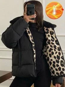 青少年女孩黑色立領短夾克，豹紋內裡，加厚（法式風格），百搭單品，適合休閒街頭穿搭與各種場合，開學季完美選擇，秋冬必備 - 黑色 - 查看 4