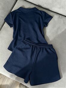 Resyla 夏季休閒時尚女款蝴蝶結刺繡裝飾POLO衫短袖短褲兩件套 - 藏蓝色 - 查看 2