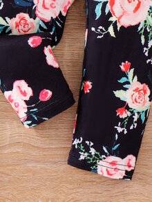 SHEIN 2 件套女婴圆领长袖大蝴蝶结针织上衣和花卉印花裤套装，时尚秋季度假休闲装 - 粉色 - 查看 5