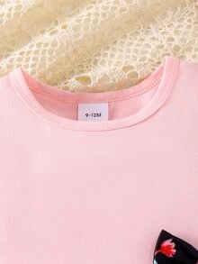 SHEIN 2 件套女婴圆领长袖大蝴蝶结针织上衣和花卉印花裤套装，时尚秋季度假休闲装 - 粉色 - 查看 7
