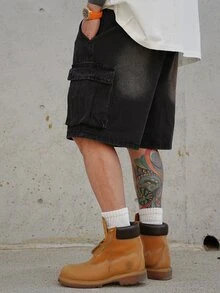 DAZY Summer Solid Cargo Pocket Men's Denim Shorts - Black - View 5