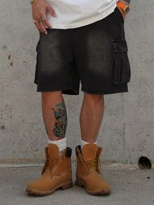 DAZY Summer Solid Cargo Pocket Men's Denim Shorts - Black - View 3