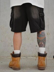 DAZY Summer Solid Cargo Pocket Men's Denim Shorts - Black - View 4