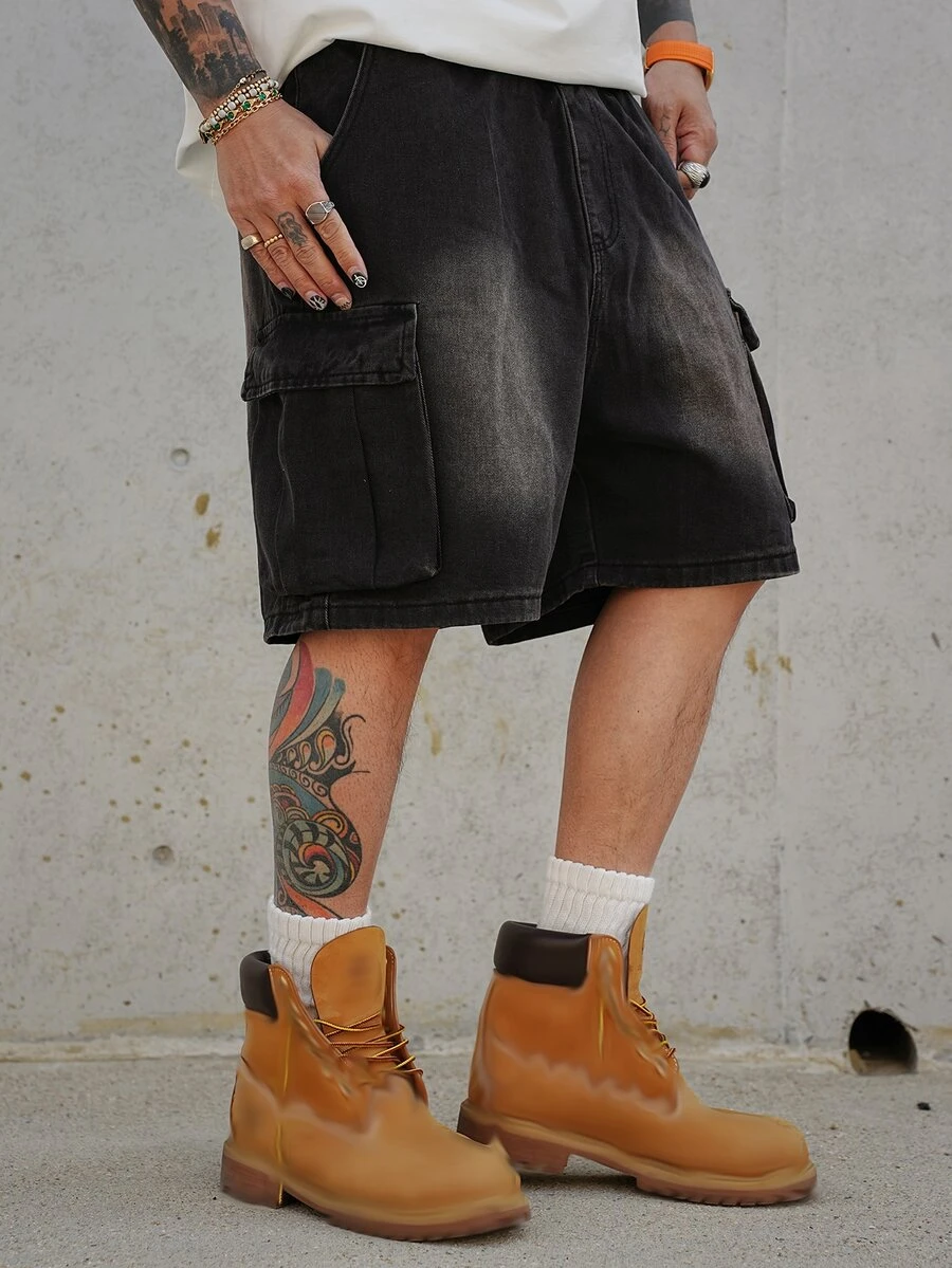 DAZY Summer Solid Cargo Pocket Men's Denim Shorts - Black - View 1