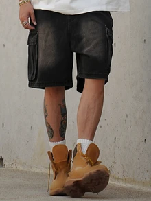 DAZY Summer Solid Cargo Pocket Men's Denim Shorts - Black - View 6