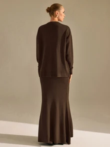 CLARA VERO طقم تنورة حورية بحر بياقة V بنية اللون، ملابس علوية فضفاضة وسفلية ضيقة، رائع - بني - مشاهدة 5