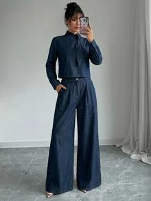Firerie Women's Tie Neck Top Jeans Set Everyday Dark Blue Autumn Casual - Dark Wash - View 6