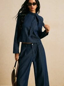 Firerie Women's Tie Neck Top Jeans Set Everyday Dark Blue Autumn Casual - Dark Wash - View 2