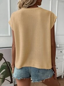 SHEIN 女士纯色休闲百搭针织上衣，适合日常穿着 - 杏色 - 查看 2