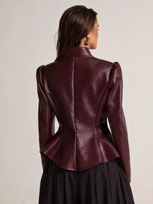SHEIN BAE Fashionable Commuter Waist-Cinching Blazer - Burgundy - View 2