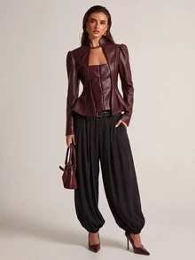 SHEIN BAE Fashionable Commuter Waist-Cinching Blazer - Burgundy - View 1