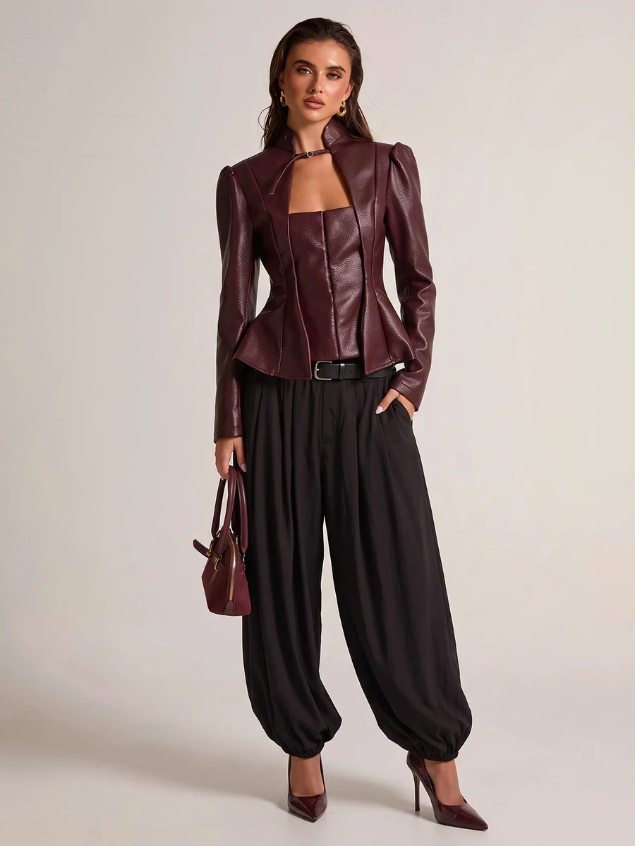 SHEIN BAE Fashionable Commuter Waist-Cinching Blazer - Burgundy - View 1