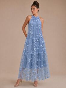 Glamine Charm Women's Embroidered Dress, Sleeveless Loose Fit Full Skirt Mesh Embroidered Dress, Vacation, Cocktail, Wedding Elegant Dress - Blue - View 3