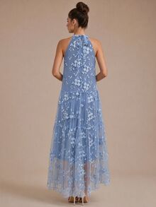 Glamine Charm Women's Embroidered Dress, Sleeveless Loose Fit Full Skirt Mesh Embroidered Dress, Vacation, Cocktail, Wedding Elegant Dress - Blue - View 2