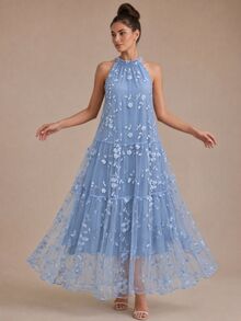 Glamine Charm Women's Embroidered Dress, Sleeveless Loose Fit Full Skirt Mesh Embroidered Dress, Vacation, Cocktail, Wedding Elegant Dress - Blue - View 1