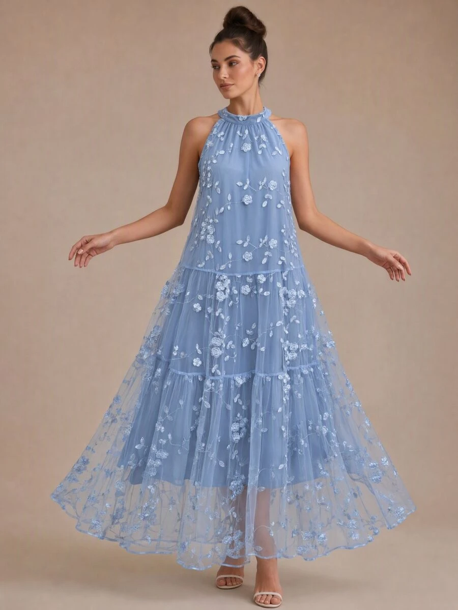 Glamine Charm Women's Embroidered Dress, Sleeveless Loose Fit Full Skirt Mesh Embroidered Dress, Vacation, Cocktail, Wedding Elegant Dress - Blue - View 1