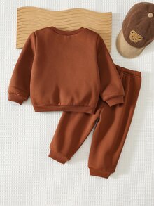 Cozy Pixies Baby Boy Cartoon Bear Patch Crew Neck Long Sleeve Pullover Sweatshirt And Elastic Waist Long Autumn Winter Pants 2 Pieces Set - Brown - View 2