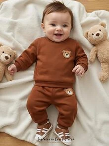 Cozy Pixies Baby Boy Cartoon Bear Patch Crew Neck Long Sleeve Pullover Sweatshirt And Elastic Waist Long Autumn Winter Pants 2 Pieces Set - Brown - View 1