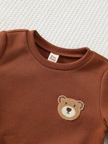 Cozy Pixies Baby Boy Cartoon Bear Patch Crew Neck Long Sleeve Pullover Sweatshirt And Elastic Waist Long Autumn Winter Pants 2 Pieces Set - Brown - View 3