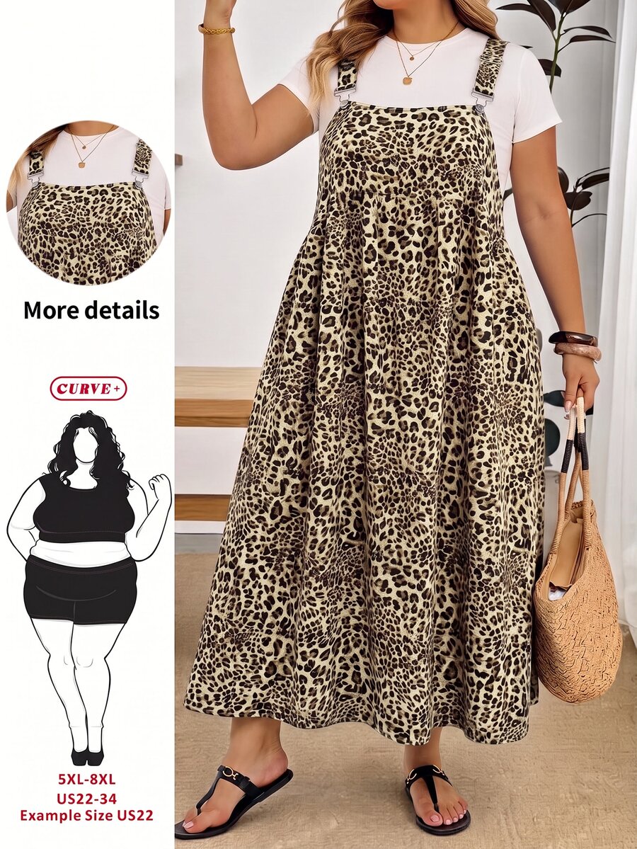 SHEIN CURVE+ Plus Size Loose Leopard Print Spaghetti Strap Dress, Suitable For Apple And Curvy Body Types - Multicolor - View 1