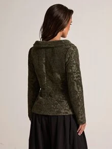 SHEIN BAE 女款優雅復古提花青蛙鈕扣長袖西裝外套 - 軍綠色 - 查看 2