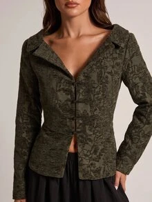 SHEIN BAE 女款優雅復古提花青蛙鈕扣長袖西裝外套 - 軍綠色 - 查看 8