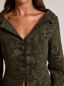 SHEIN BAE 女款優雅復古提花青蛙鈕扣長袖西裝外套 - 軍綠色 - 查看 7