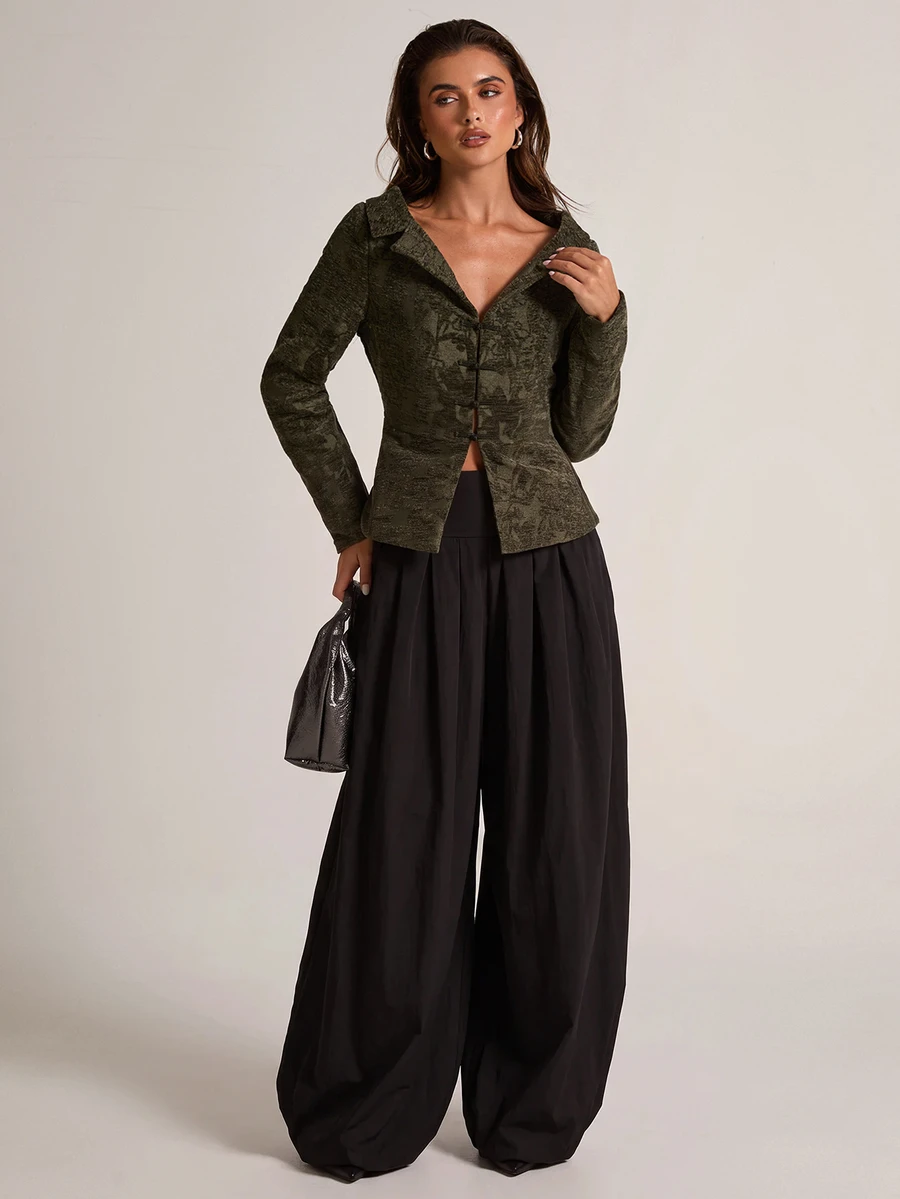SHEIN BAE Blazer Lengan Panjang Kancing Katak Jacquard Vintage Elegan untuk Wanita - Hijau Tentara - View 1