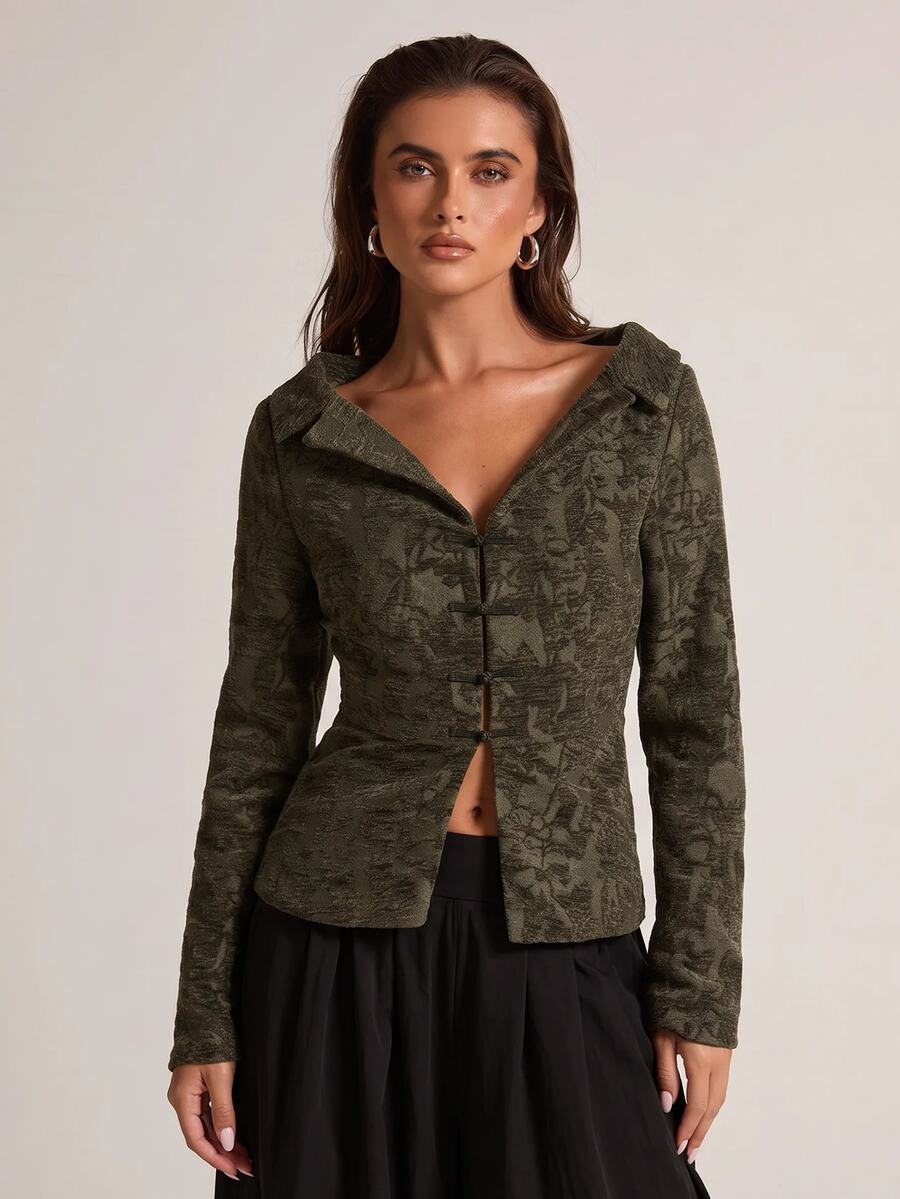 SHEIN BAE 女款優雅復古提花青蛙鈕扣長袖西裝外套 - 軍綠色 - 查看 1