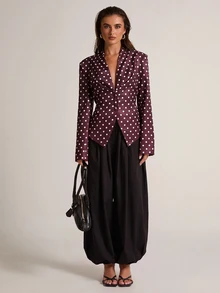 SHEIN BAE Women's Elegant Commute Polka Dot Print Tie Waist Blazer - Brown - View 3